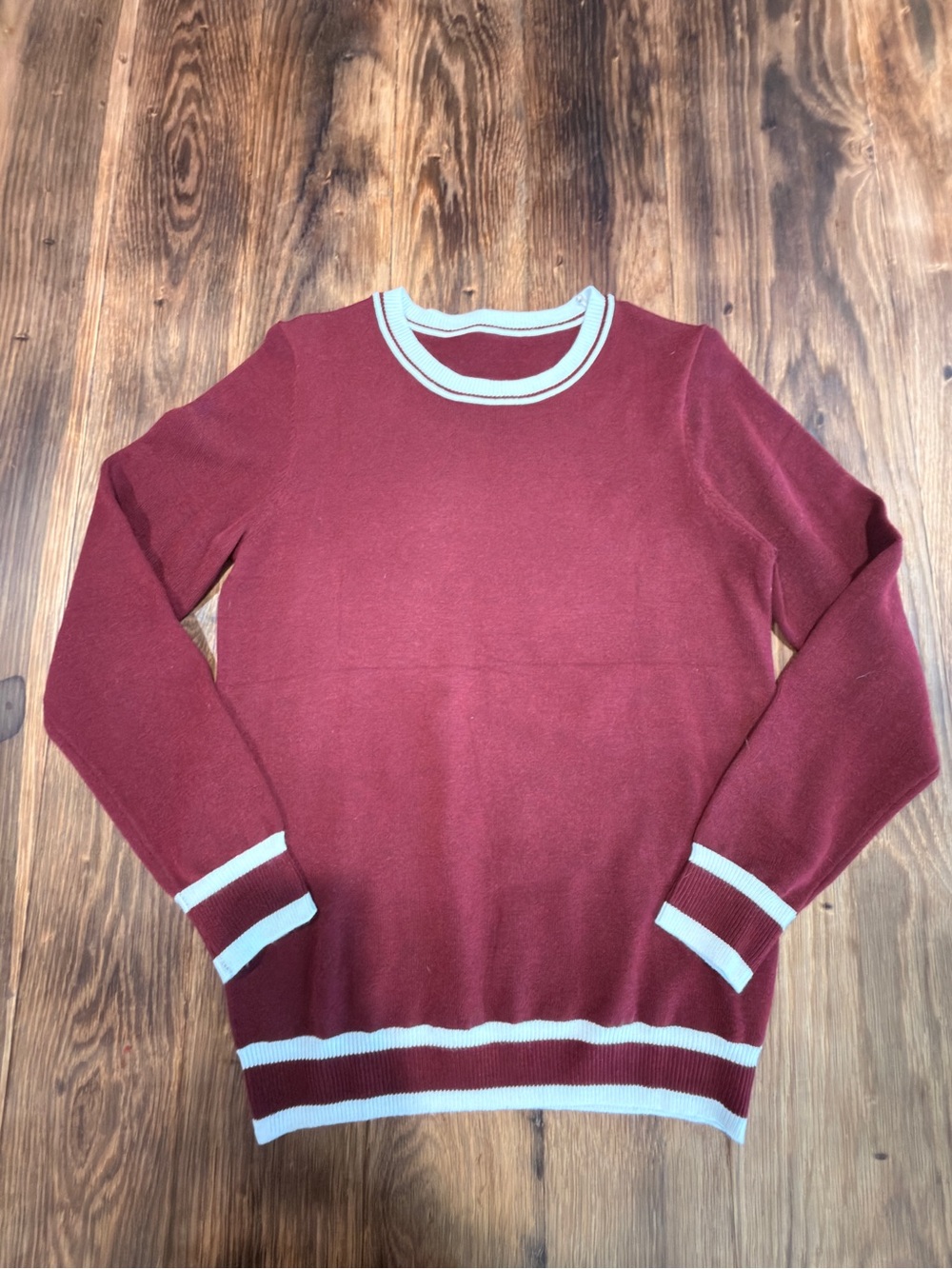 iFashion Burgundy Crew Sweater with White Stripe Trim